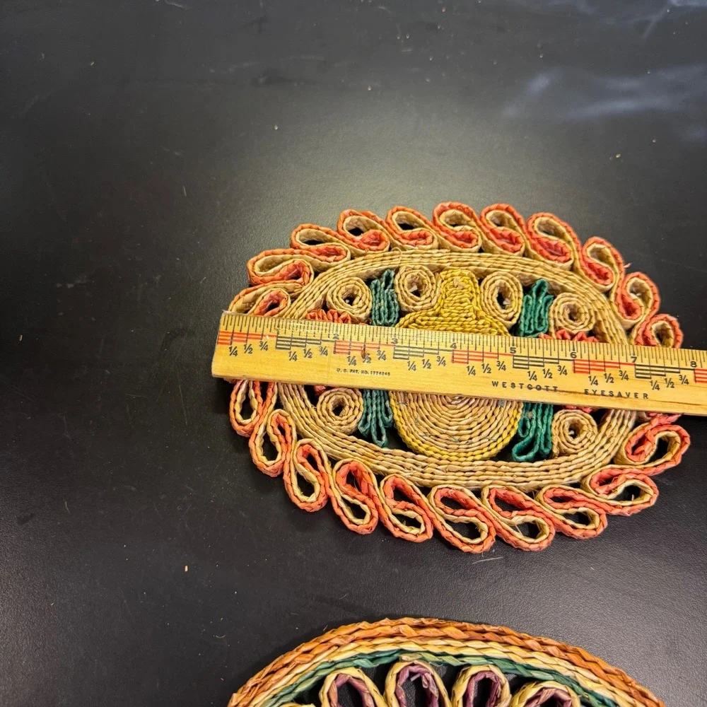 Vintage Trivet Set Home Decor Multicolor Boho Straw Woven Floral Fruit 2pc